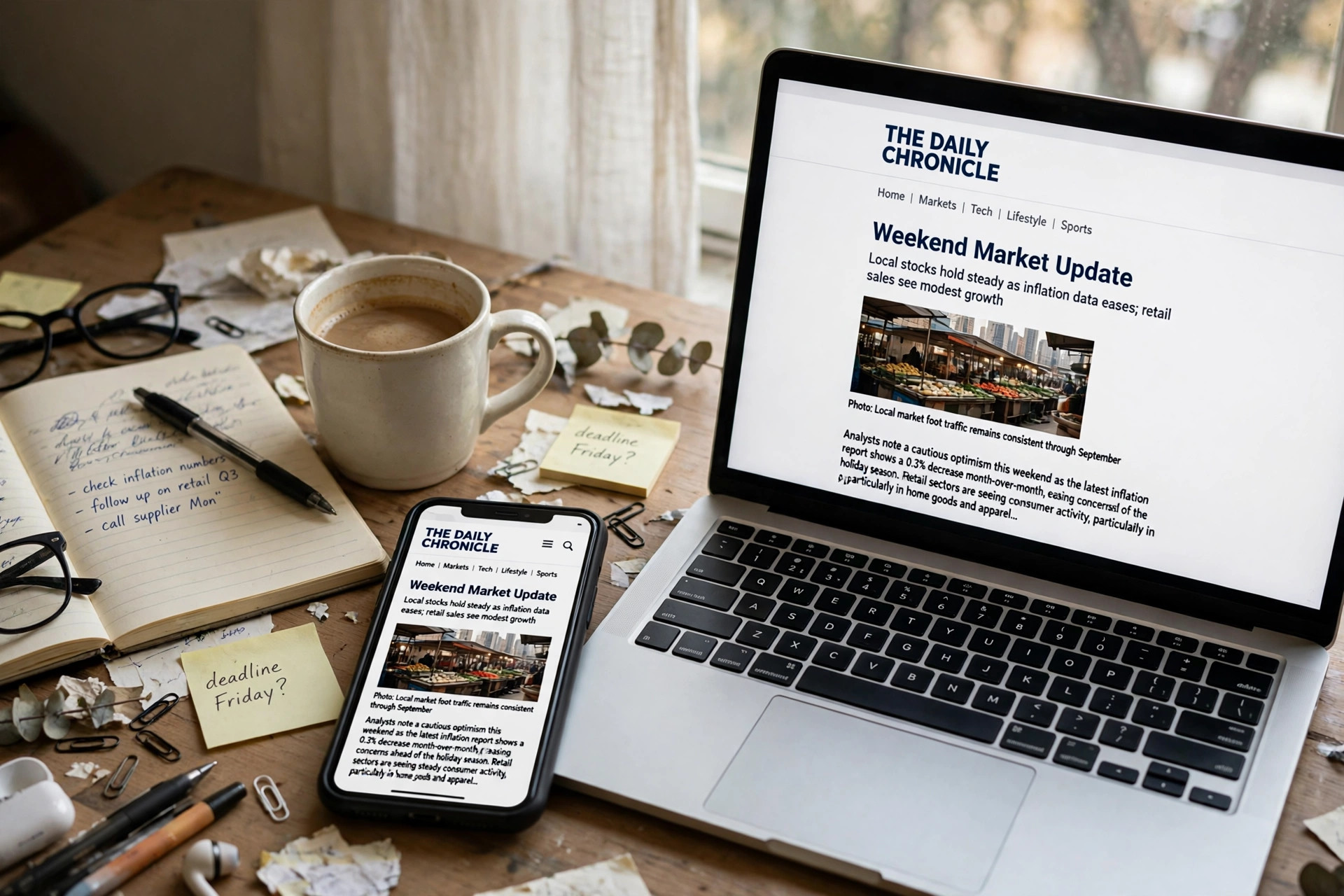 Phone and laptop side by side showing the same website on mobile and desktop