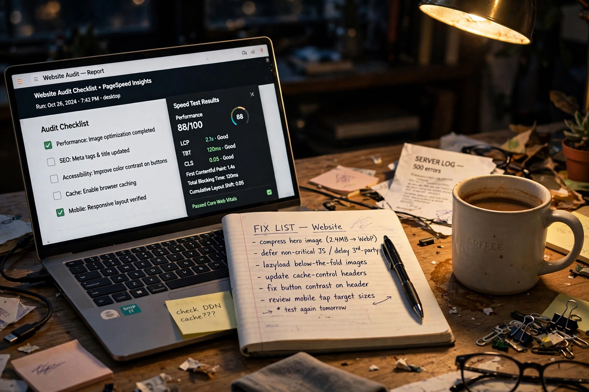 Laptop showing a website audit checklist and speed results, notebook with a handwritten fix list beside it