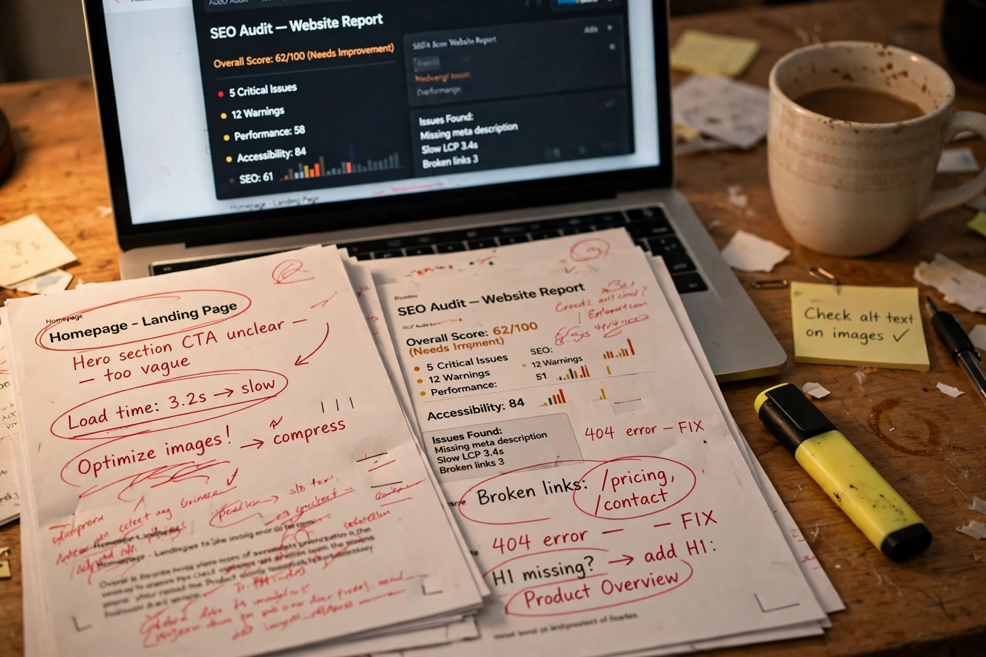 Close-up of annotated audit screenshots on screen with a red pen on printed pages